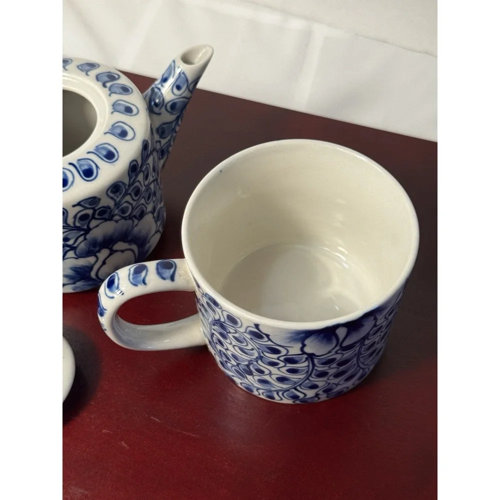 Blue and White Floral Tea-for-One Set Delft Style Tea Pot and Cup